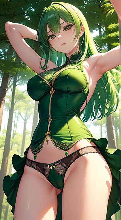 (((Stretch your legs and rotate your hips)))、((Shiny underwear)))、An elegant sleeveless green dress、Beautiful beauty、Beautiful yellow-green hair、((whole body))、(((Photo taken from below)))、in the forest、Large Breasts、Large Breastini skirt、The panties are green lace、Japanese、expensive、Long limbs、Hairstyle: Long Hair
