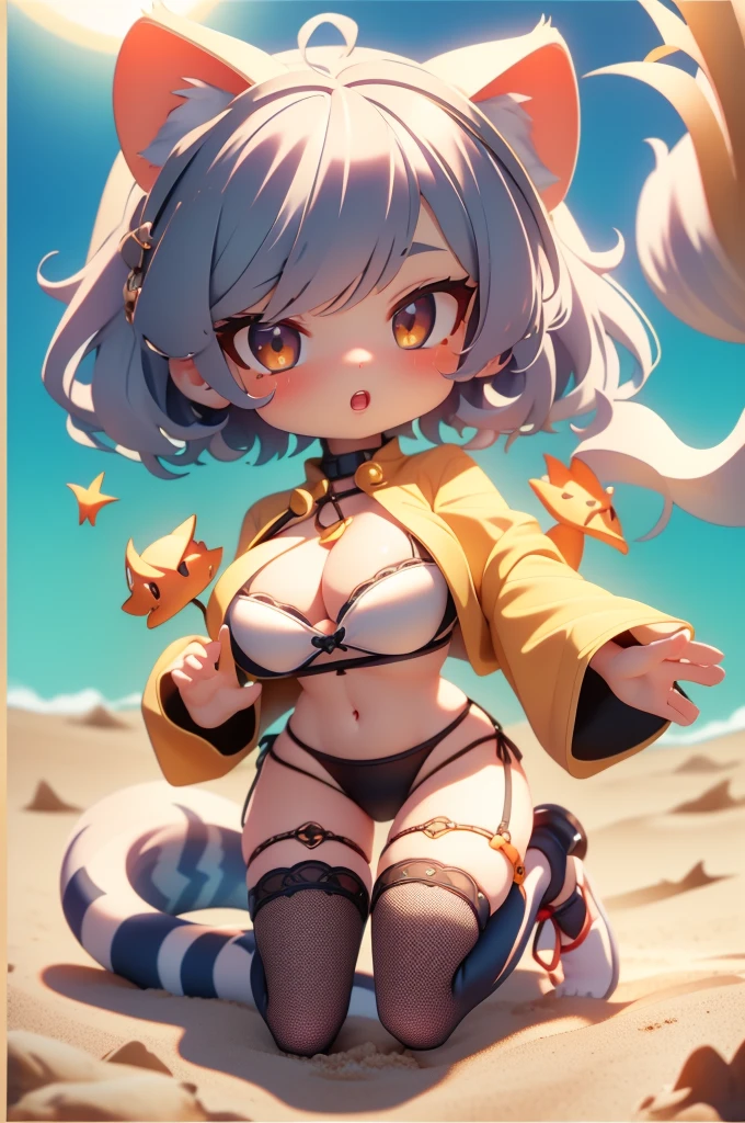 High quality、Correct Anatomy、plastican00d、Bright atmosphere、Realistic Light、Spotlight from above、pretty girl、、bikini、Big Breasts、Fishnet tights、Silver Hair、garter belt、Two-headed appearance、Doll、Chibi、plastic、Very Short Hair、Cumulonimbus、Summer sunshine、Beach、full body, chibi,Cat mouth、A glimpse of a double tooth、Tiger print、