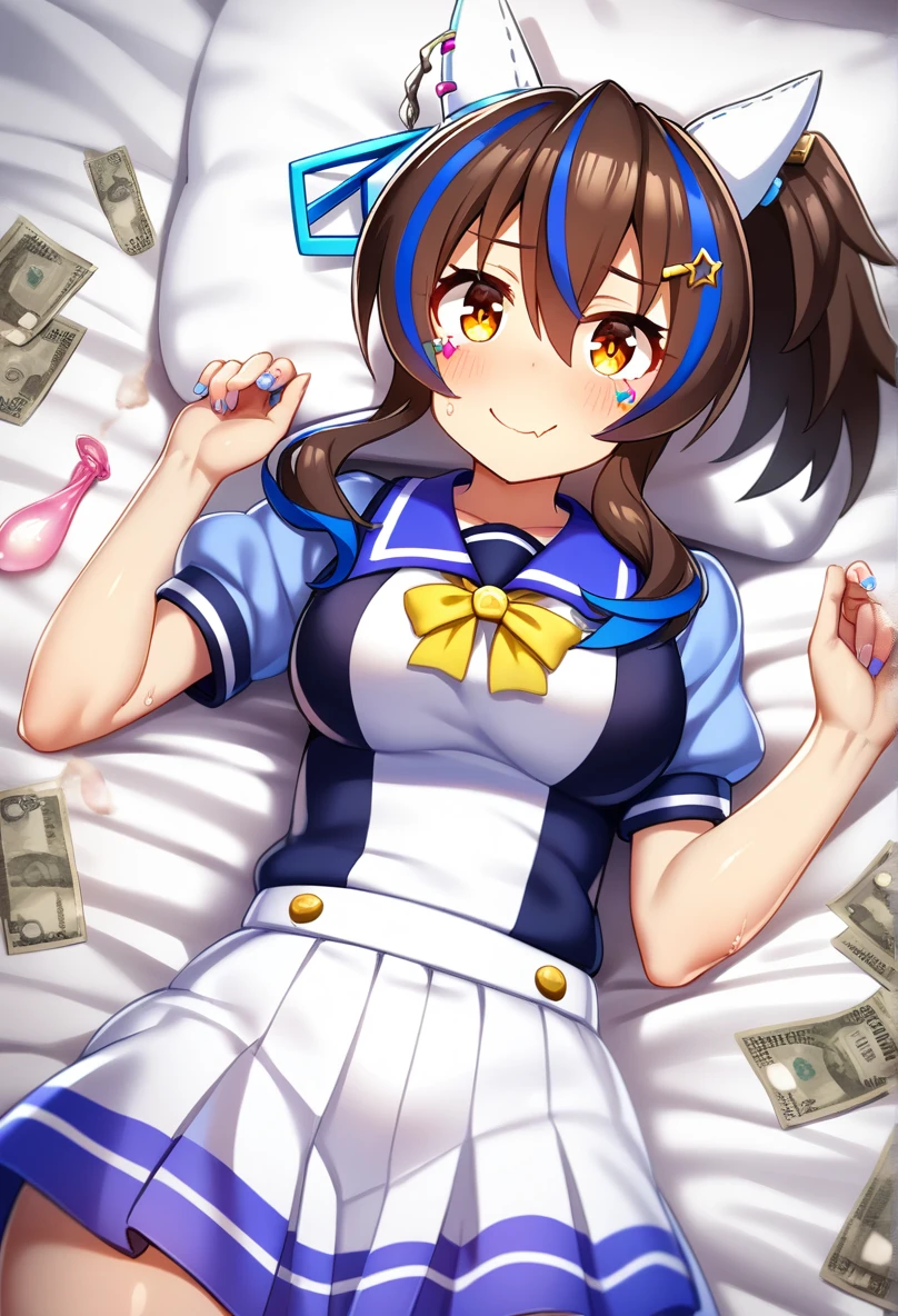 1Girl, daitaku helios(umamusume), umamusume, sweat, steam,shiny skin, smile, skin fang, ponytail, medium breasts, tracenschooluniform, lying, money, (used condom), (undersized clothes), on bed, looking at viewer, cowboy shot, masterpiece,very aesthetic, recent, mid,