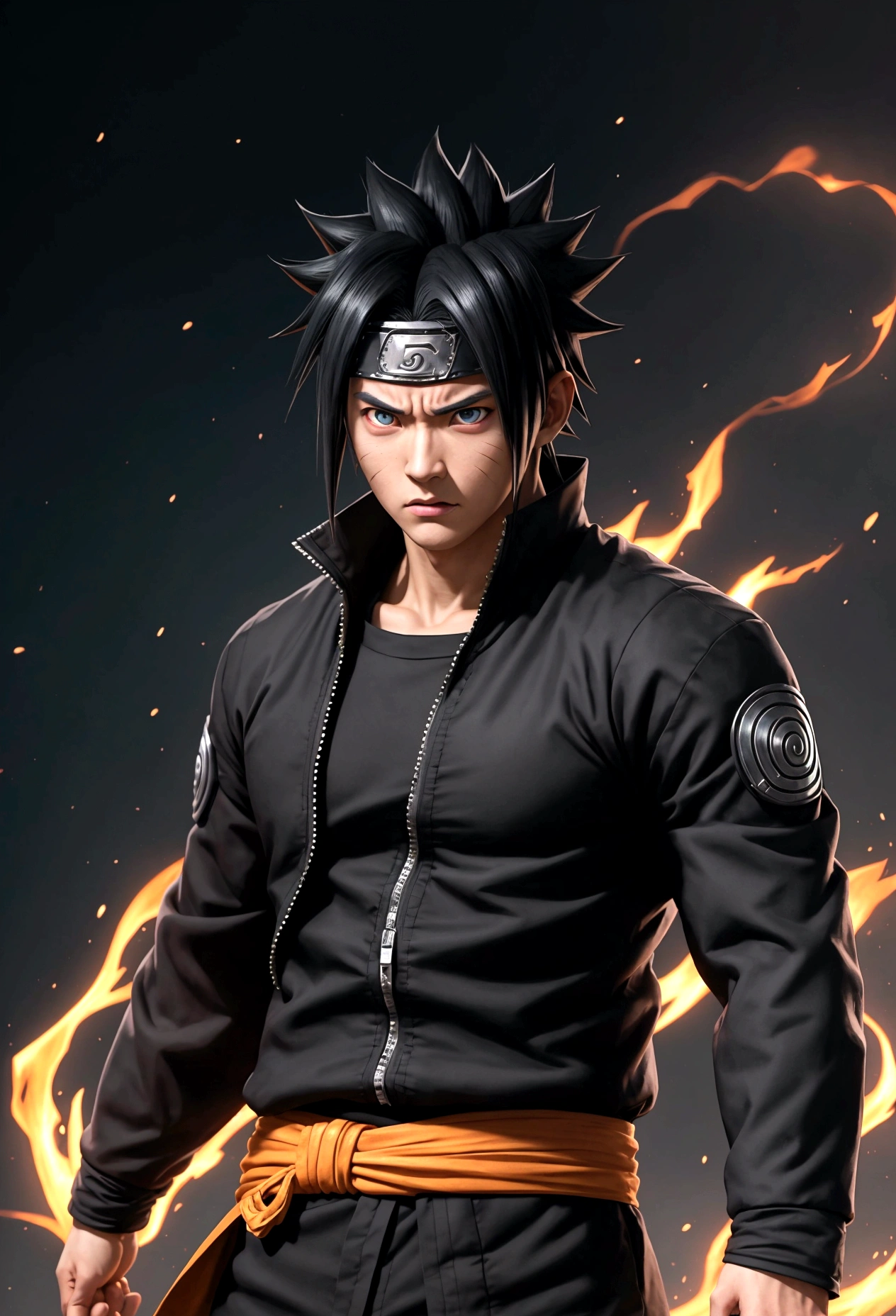 super angry na30 years naruto, 30 years old naruto, super angry, releasing body energy, a dark style with Japanese cultural elements. The image should feature reflective lighting that highlights Naruto's gorgeous, highly detailed eyes as he looks directly at the viewer. The composition should be perfect, with sharp 8K focus capturing every intricate detail. Depict Naruto in an angry state, standing alone in the village background. Surround him with an aura and visible energy emanating from his body, enhancing the sense of power and intensity in the scene