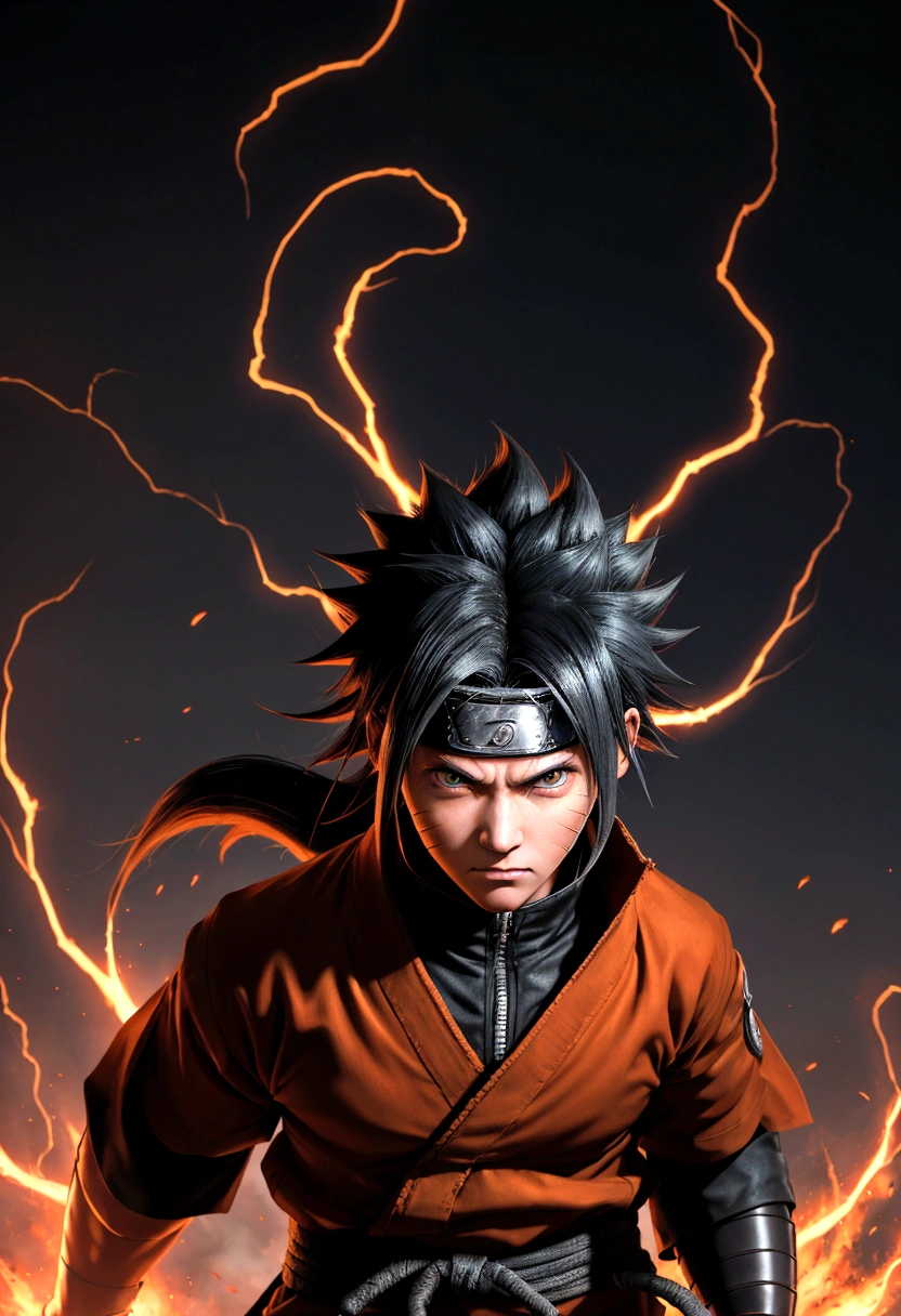 super angry na30 years naruto, 30 years old naruto, super angry, releasing body energy, a dark style with Japanese cultural elements. The image should feature reflective lighting that highlights Naruto's gorgeous, highly detailed eyes as he looks directly at the viewer. The composition should be perfect, with sharp 8K focus capturing every intricate detail. Depict Naruto in an angry state, standing alone in the village background. Surround him with an aura and visible energy emanating from his body, enhancing the sense of power and intensity in the scene