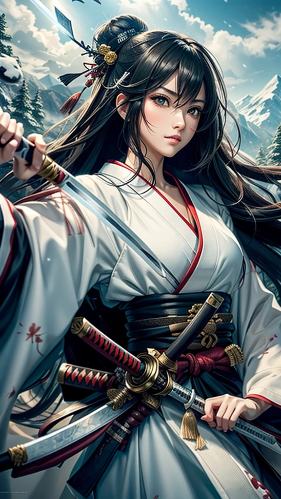 (swordswoman, Hold the sword, Japanese Katana Sword)(Masterpiece 1.4, Best Quality 1.4),1girl, (Detailed skin, Detailed and Beautiful Face 1.4), Long hair, A dark-haired , Hair fluttering in the wind, White and blue kimono, Blood-stained kimono, Sandals, Official art, Good composition, dynamic Pose, detailed portrait, Clouds and mountains background, Samurai, High resolution, Dramatic lighting and shadows, snow escape, In the front of waterfall in the forest.