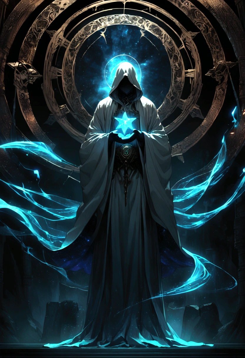 Mysterious ninja standing sideways holding a blue glowing star in his hand ( Correct and perfect anatomy ) Flowing robe, A man wearing a beige hooded robe with swirling starry magic energy(flying robe))Man mysterious ninja sideways, face partially obscured by turban or mask, holding a blue glowing star in hand with blue fire power on the side, background is a huge star shaped blue light magic circle,
Mystic Fantasy Art Mystical Blue Light Runes Hovering Around (cinematic), meticulously made, Magical power, A detailed and intricate masterpiece of magic circles, Lighting effects Highly detailed fantasy magic concept art Highly detailed HD cinematic magic fantasy Gorgeous digital art