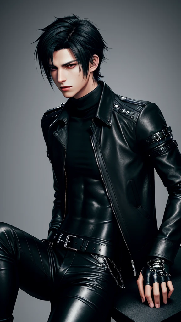 Final fantasy taste and reality graphics, Japanese young cute and cool ikemen boy, his age is early 20s, thin eyebrows and beady eyes, he wearing black color leather thick singlebrest biker jacket, with epaulet, must close the front of the leather jacket, jacket is biker style, jacket is voluminous, , jacket collar is high length stand-up collar with belts, jacket is a little black line pattern,close the front of the jacket, also wearing black thick turtleneck lackluster shirts, tight black leather pants, shiny black leather tight and thin glove, black leather knee-high raceup boots,must views head-to-toe,must views whole body, boy looks like fashion model,Do not show skin from the neck down,leather jacket leather glove and leather pants have few wrinkles,boy in the room,