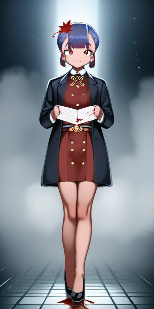 cinematic photo ((masterpiece)),((best quality)),8k,high detailed,ultra-detailed,intricate detail,full body, photography,((huangfu:2),huangfu paper,1girl, A cute girl in black nvjiang costume with huangfu paper in head,(blood-red eyes)),surrounded by swirling leaves and spectral mist,(foggy),. 35mm photograph, film, bokeh, professional, 4k, highly detailed