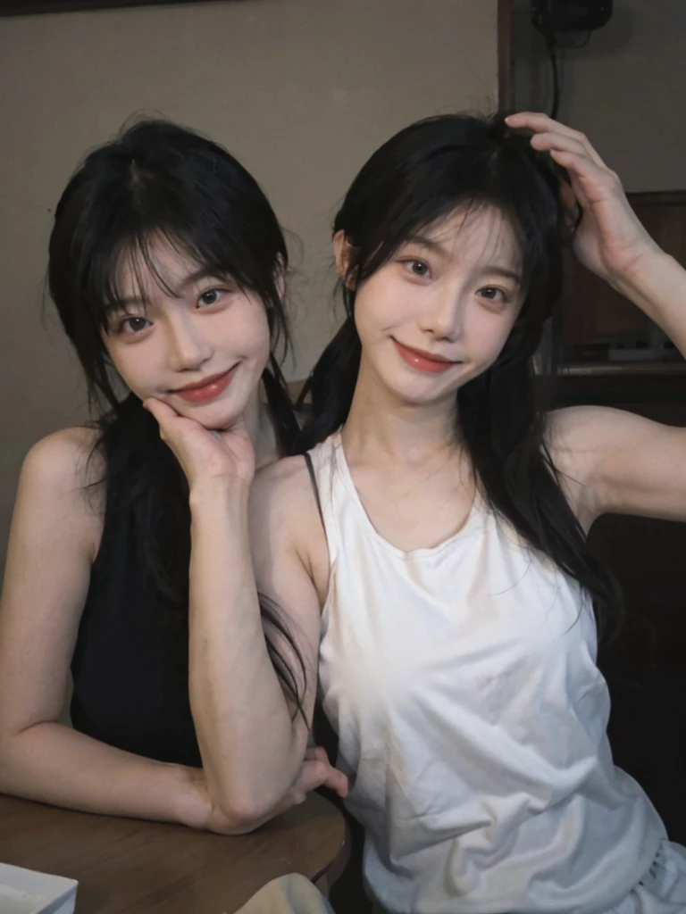 Sleeveless, pony tails, japanaese girl, 8K, Legal photos, quality, tmasterpiece, actual, realistic super detailed, one-girl, cute big breasts, The best smile, pretty eyes, long whitr hair, Perfect facial features,