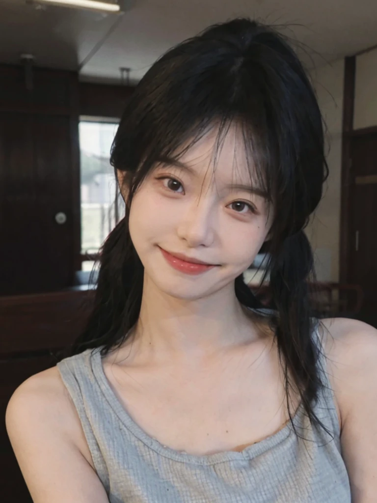 Sleeveless, pony tails, japanaese girl, 8K, Legal photos, quality, tmasterpiece, actual, realistic super detailed, one-girl, cute big breasts, The best smile, pretty eyes, long whitr hair, Perfect facial features,