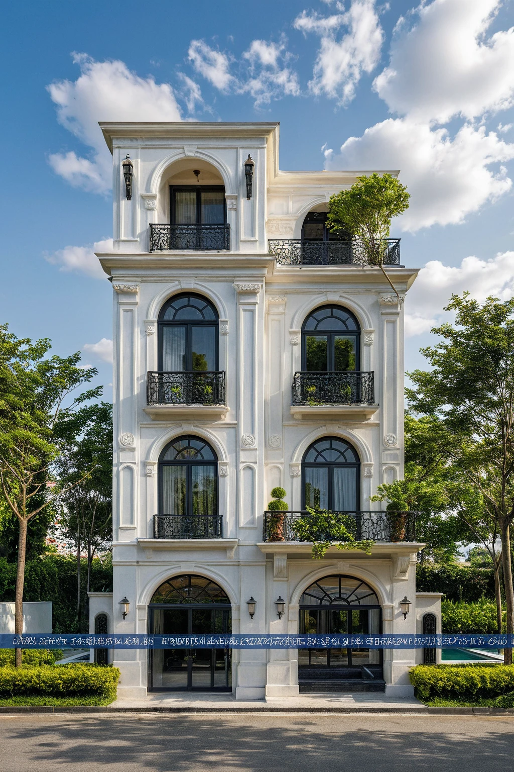 Masterpiece, 4k pixcel, high quality, best quality, authentic, super detail, outdoors, onestoreyvillaXL, aiaigroup ,stairs, white wall ,road,pavement, grass, trees, sky, cloud, (daylight:1.1) swimming pool, Increase image clarity, classic style, classic style house on street