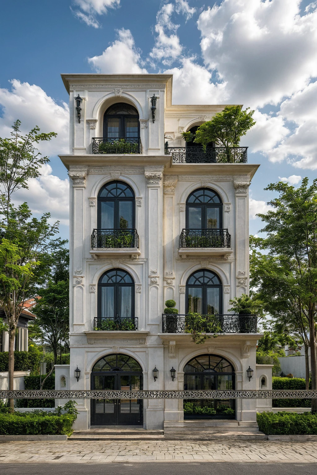 Masterpiece, 4k pixcel, high quality, best quality, authentic, super detail, outdoors, onestoreyvillaXL, aiaigroup ,stairs, white wall ,road,pavement, grass, trees, sky, cloud, (daylight:1.1) swimming pool, Increase image clarity, classic style, classic style house on street