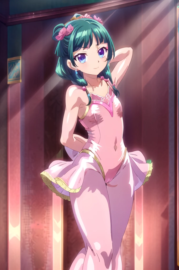 1girl,solo,(cowboy shot),standing,(green hair:1.2),long hair,hair ornament,hair flower,(blue eyes:1.2),(makeup:1.2),(beautiful fingers:1.6),(perfect anatomy:1.6),(arms_behind_back:1.6),(cold_shoulder:1.2),BREAK,(pink hanfu:1.4),(pink leotard:1.6),(leather lace glossy silk lamé:1.6),(latex luster shiny glossy metallic:1.6),(shiny_clothes:1.6),(medium breasts:1.2),beautiful breasts,masterpiece,best quality,(Ultra high definition eyes:1.2),8k,(Beautiful detailed eyes:1.2),(Fine and beautiful eyes:1.2),(pretty eyes:1.2),finely detail,extremely CG, absurdres,high resolution,illustration,Detailed and beautiful outlines,finely detail,high resolution,(colorful refraction:1.4,Increase saturation:1.2),beautiful lighting,dynamic lighting,closed room,black background,simple background, smile,looking at viewer,maomao,earrings,necklace,shawl,(pink thigh boots:1.4)