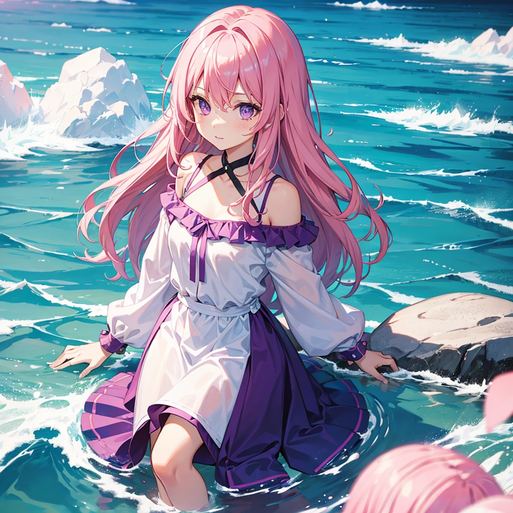 Girl, Pink hair, purple eyes, in the water
