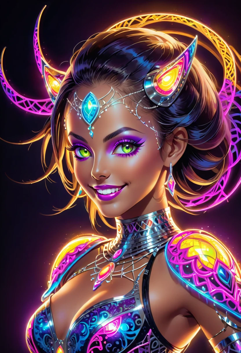 a colorful glowing post-modern ornamental plasma prowler, sleek lines and intricate patterns intertwine to create a sense of futuristic gothic elegance. The main subject of the image is a stunningly gorgeous colorful woman dancer with intricately detailed eyes and a perfect body in every way, smiling. This detailed description is depicted in a high-quality photograph, highlighting the intricate details and ethereal atmosphere. The image captures the essence of modern technology and artistry, blending seamlessly in a visually stunning composition that captivates the viewer's imagination