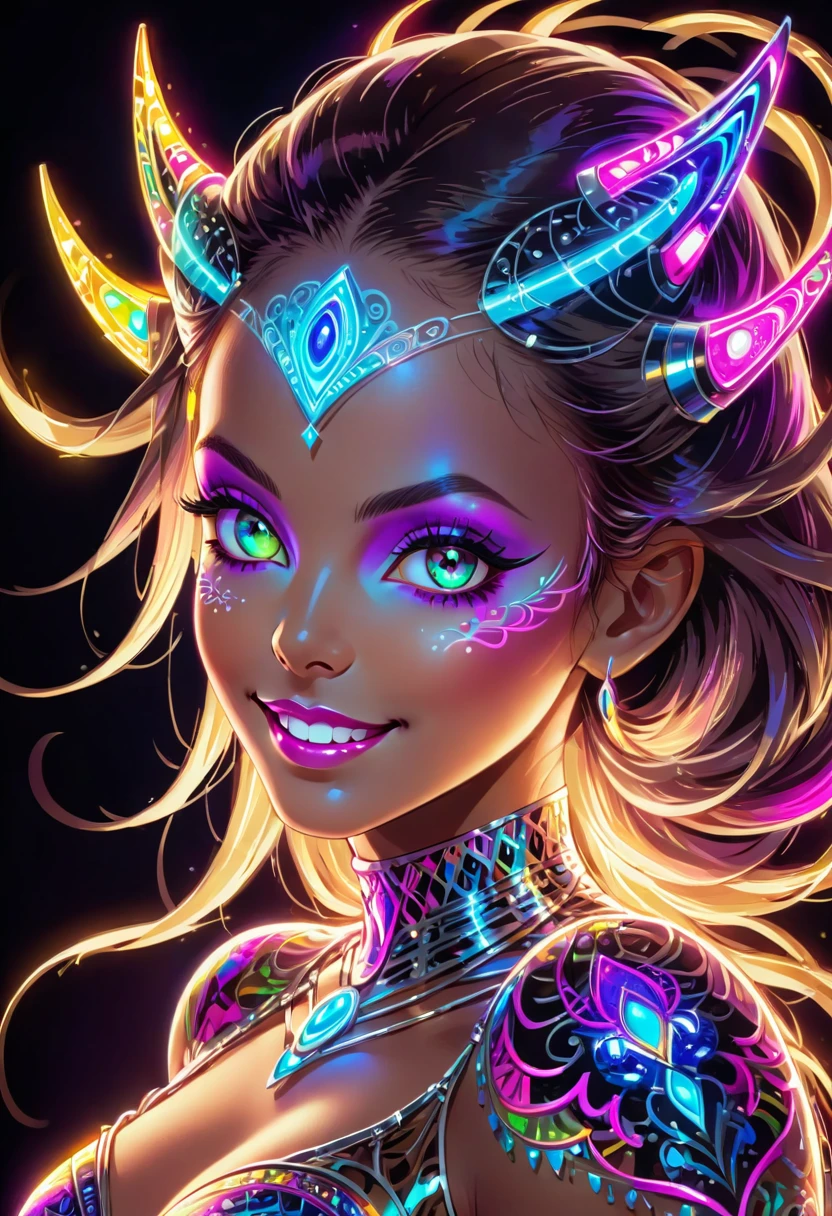 a colorful glowing post-modern ornamental plasma prowler, sleek lines and intricate patterns intertwine to create a sense of futuristic gothic elegance. The main subject of the image is a stunningly gorgeous colorful woman dancer with intricately detailed eyes and a perfect body in every way, smiling. This detailed description is depicted in a high-quality photograph, highlighting the intricate details and ethereal atmosphere. The image captures the essence of modern technology and artistry, blending seamlessly in a visually stunning composition that captivates the viewer's imagination