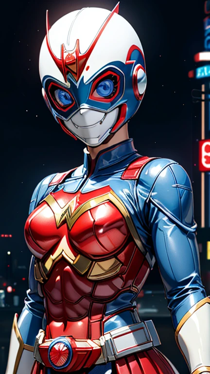 (8k),(masterpiece),(Japanese),(8-year-old girl),((innocent look)),((Childish)),From the front,smile,cute,Innocent,Kind eyes,Flat chest, red helmet, blue domino mask, white mask, Wonder Woman,Bald,No Hair, Henshin Pose,night,dark, Neon light cyberpunk city,Kamen rider,camisa