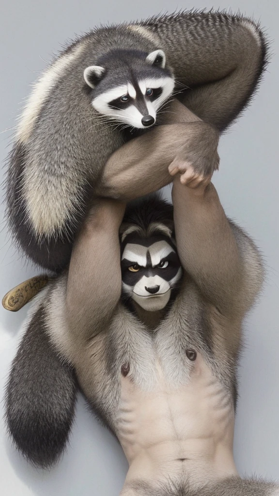 Male raccoon, skinny, grey body, white breasts, blue mane, big fluffy tail, blue eyes, dark ends of arms and legs,  Pache Riggs style