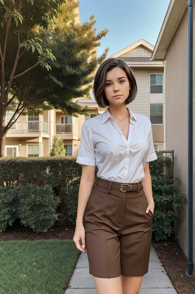 A young professional woman, Sarah, in her mid-20s, with short brown hair and wearing business casual attire, is standing outside an apartment complex. The setting is a peaceful suburban neighborhood with green lawns and a few trees in the background.
