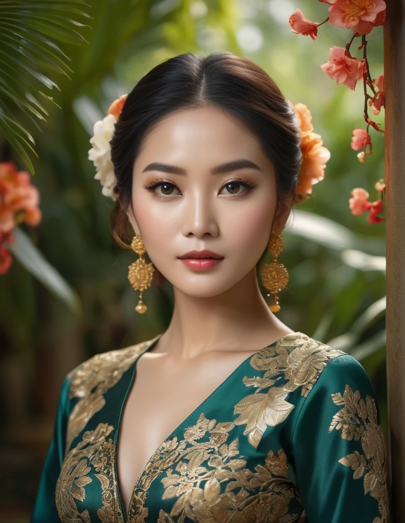 a beautiful asian woman in a graceful pose, wearing a traditional kebaya dress with an ornate floral pattern, her face showcasing extremely detailed, beautiful eyes and lips, long eyelashes, and a serene expression, adorned with elegant golden jewelry, set against a lush tropical foliage background with soft, cinematic lighting, (best quality,4k,8k,highres,masterpiece:1.2),ultra-detailed,(realistic,photorealistic,photo-realistic:1.37),HDR,UHD,studio lighting,ultra-fine painting,sharp focus,physically-based rendering,extreme detail description,professional,vivid colors, Extremely HDR, 