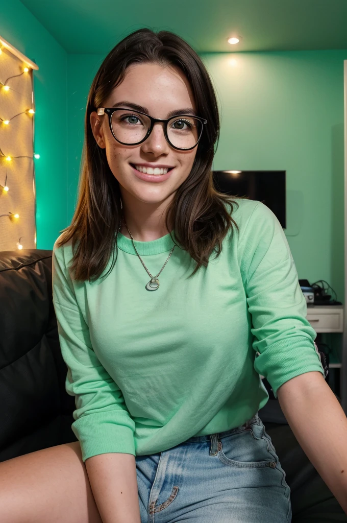 a close up of a young man with freckles and glasses, her face has a totally excited and exuberant look on it, she is sitting in her YouTuber bedroom, she is pointing to the left hand side of the image, key lighting, green leds in the background, photo realistic,