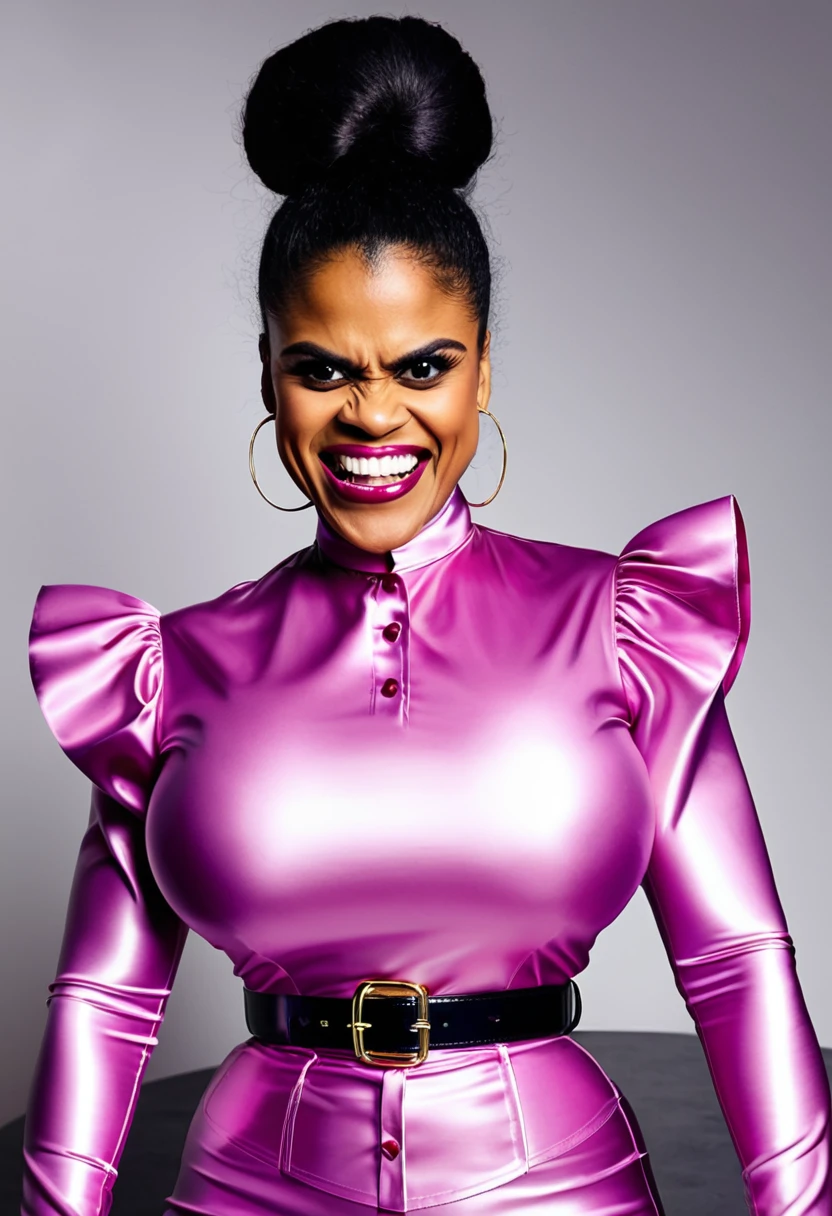 closeup shot, (muscular evil angry zazie beetz showing closed teeth with flared nostrils and furrowed brows:1.5) in a (closed satin skintight buttondown band collar blouse with large shoulder-pads and extremely tight belt:1.6), tight hairbun, silk gloves, (widened eyes), (muscular arms), subtle evil stare with flared nostrils, large shoulder-pads, (evil laugh), skintight satin pants defining her body, uptight, popped collar, stiff posture
