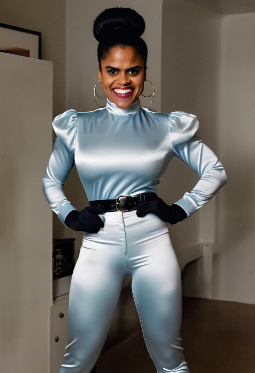 closeup shot, (muscular evil angry zazie beetz showing closed teeth with flared nostrils and furrowed brows:1.5) in a (closed satin skintight buttondown band collar blouse with large shoulder-pads and extremely tight belt:1.6), tight hairbun, silk gloves, (widened eyes), (muscular arms), subtle evil stare with flared nostrils, large shoulder-pads, (evil laugh), skintight satin pants defining her body, uptight, popped collar, stiff posture