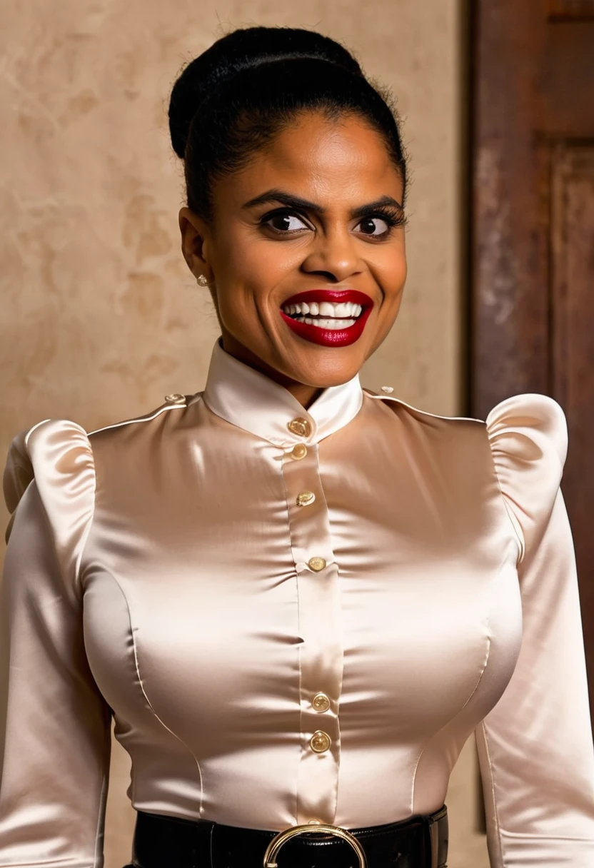 closeup shot, (muscular evil angry zazie beetz showing closed teeth with flared nostrils and furrowed brows:1.5) in a (closed satin skintight buttondown band collar blouse with large shoulder-pads and extremely tight belt:1.6), tight hairbun, silk gloves, (widened eyes), (muscular arms), subtle evil stare with flared nostrils, large shoulder-pads, (evil laugh), skintight satin pants defining her body, uptight, popped collar, stiff posture