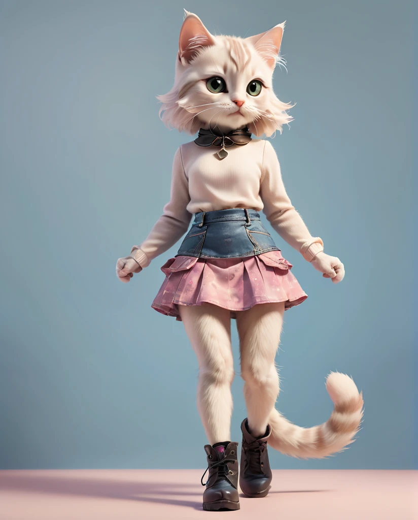 Kitten in a mini skirt　Full Body Shot　Looking straight at the camera　Standing
