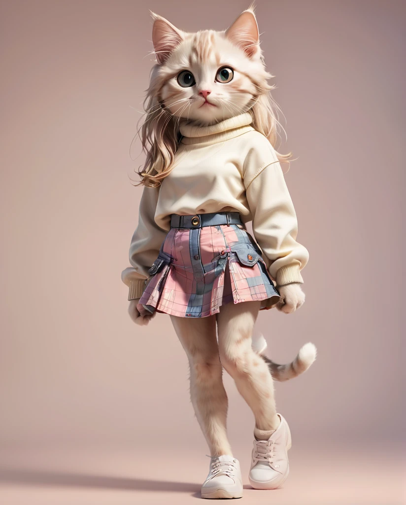 Kitten in a mini skirt Full Body Shot Looking straight at the camera Standing