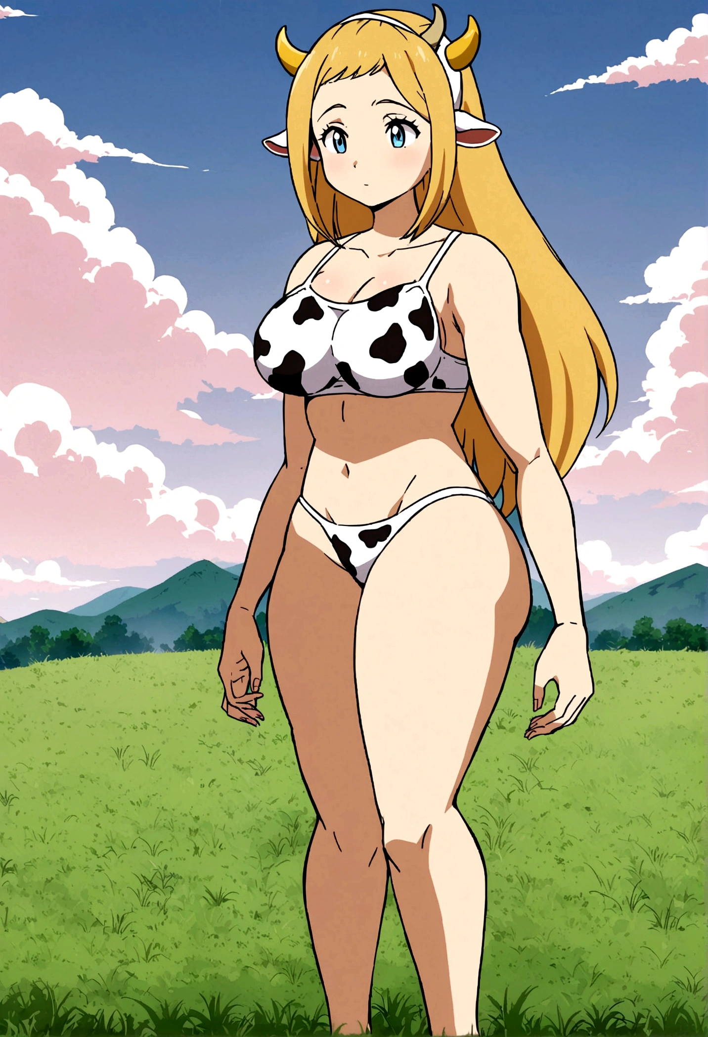 Woman, cow bra and , giant , big ass, me style, cow girl, plain grass background, standing using all foir limbs