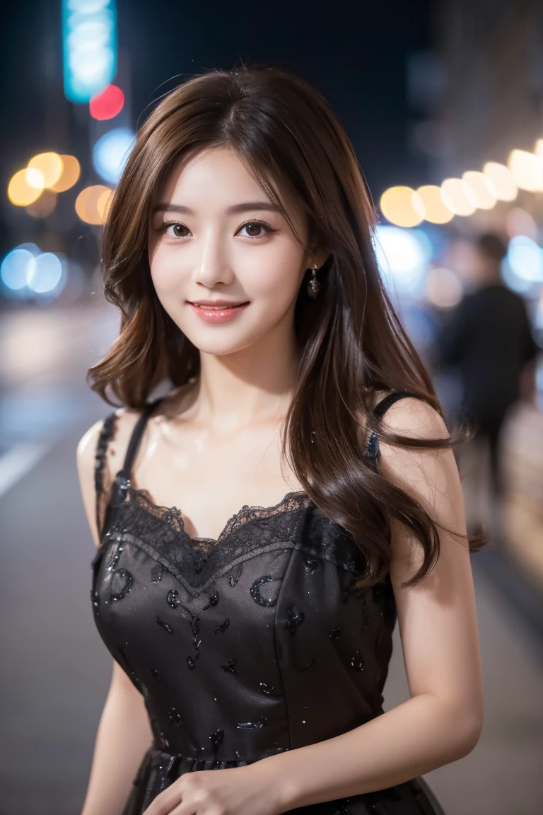 ((Highest quality, 8K, masterpiece :1.3)), 1 Girl, smile, whole body, Face thinning, Beautiful woman, (Dark brown hair), Full-length dress :1.1, Highly detailed face, Delicate eyes, double eyelid, Blurred Background, Face thinning, city, External, street,