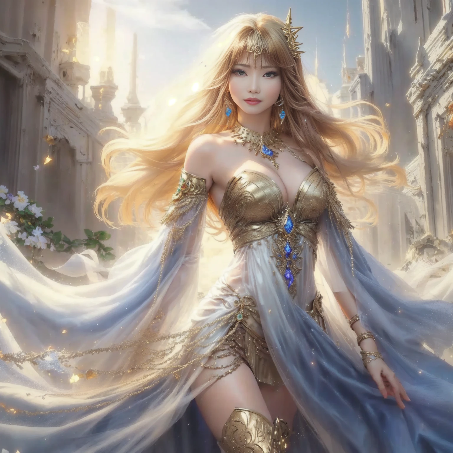 Thai celebrity women,See the waist,gold jewelry,with gold necklaces and gems, arjem julie bell beeple, Beautiful, realistic, anime