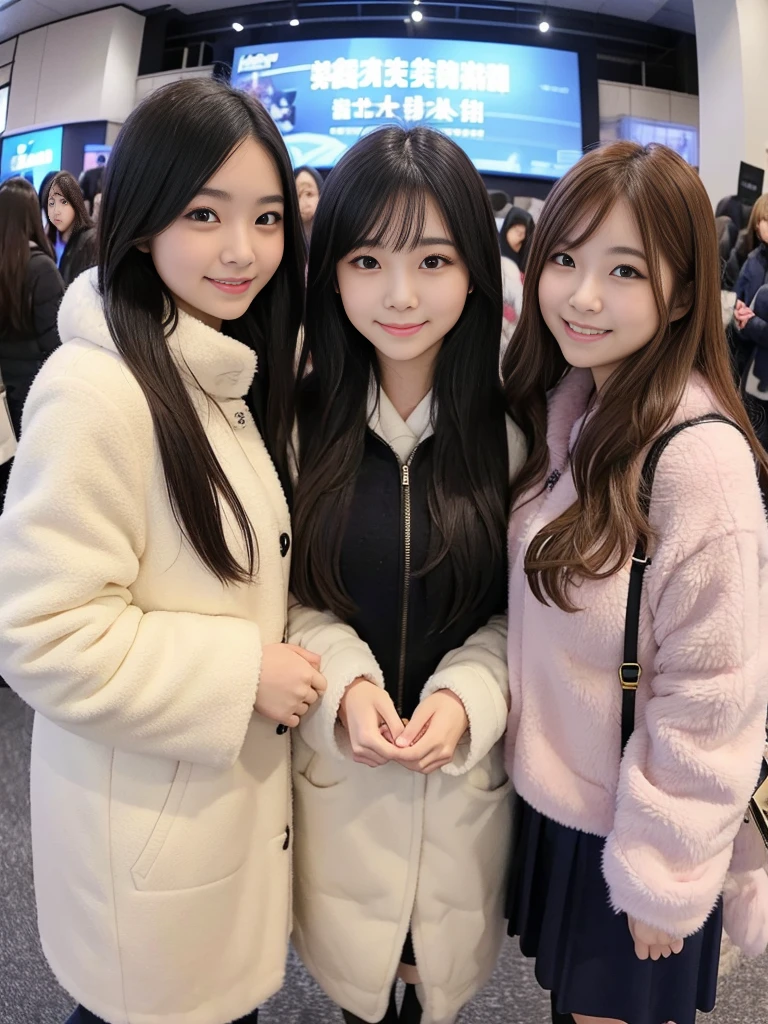 Group photo of female college students、knit、fluffyの毛皮。fluffy。Three beautiful Japanese girls 、Outside in the middle of winter、Winter coat、Heavy coat、Fur Cape、Fur Cuffs、City of Dark Nights、Smiling and looking at the audience((Fisheye Lens))