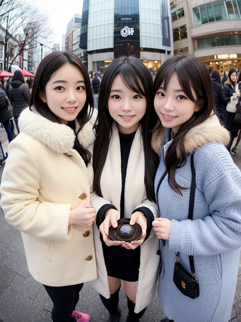 Group photo of female college students、knit、fluffyの毛皮。fluffy。Three beautiful Japanese girls 、Outside in the middle of winter、Winter coat、Heavy coat、Fur Cape、Fur Cuffs、City of Dark Nights、Smiling and looking at the audience((Fisheye Lens))