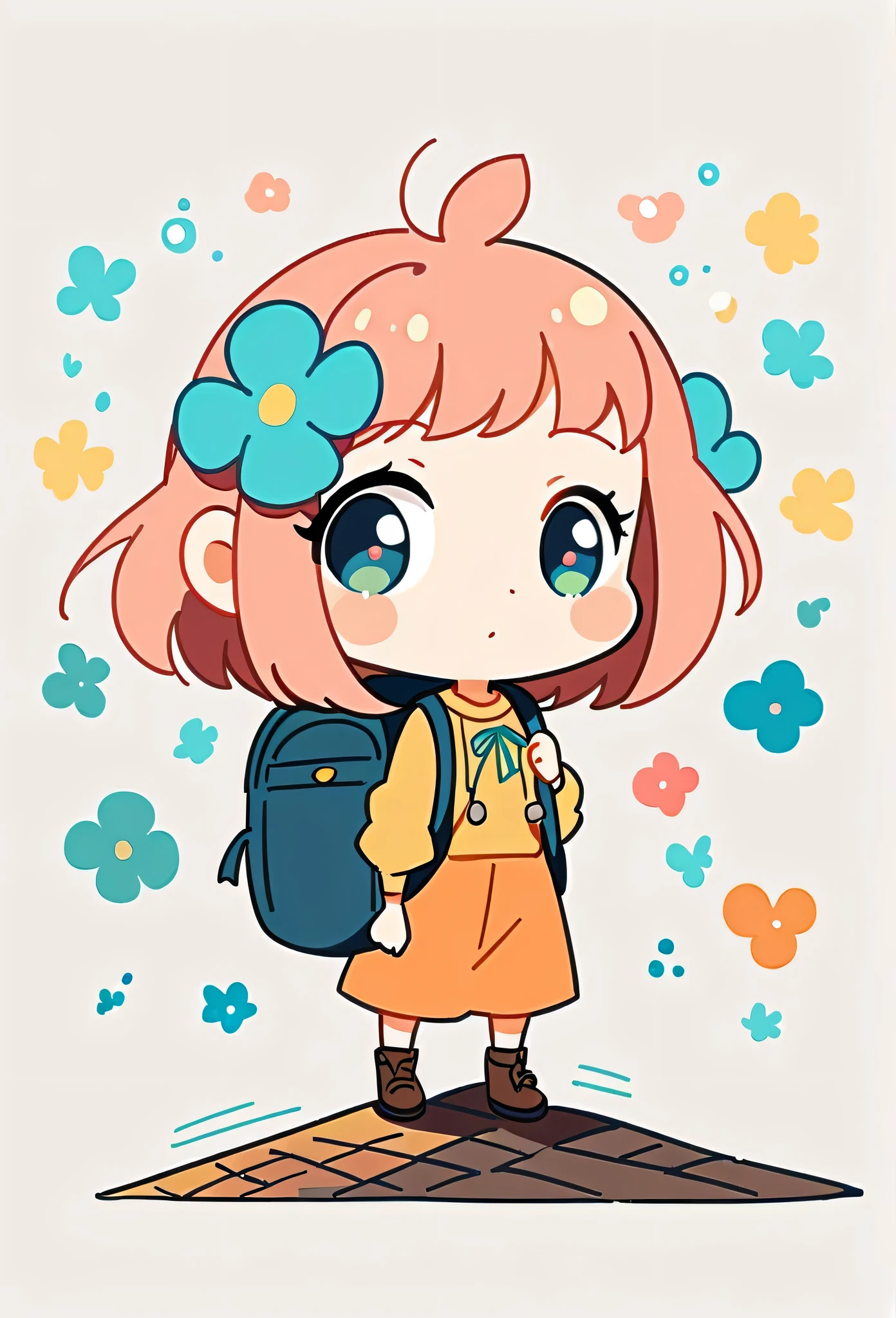 Yomu style, Standing on the roof，Girl with backpack on rooftop，My backpack is full of happy spring，Simple Line Initialism，Abstract art，Urban Background, (((The most beautiful girl))), (((chibi)))