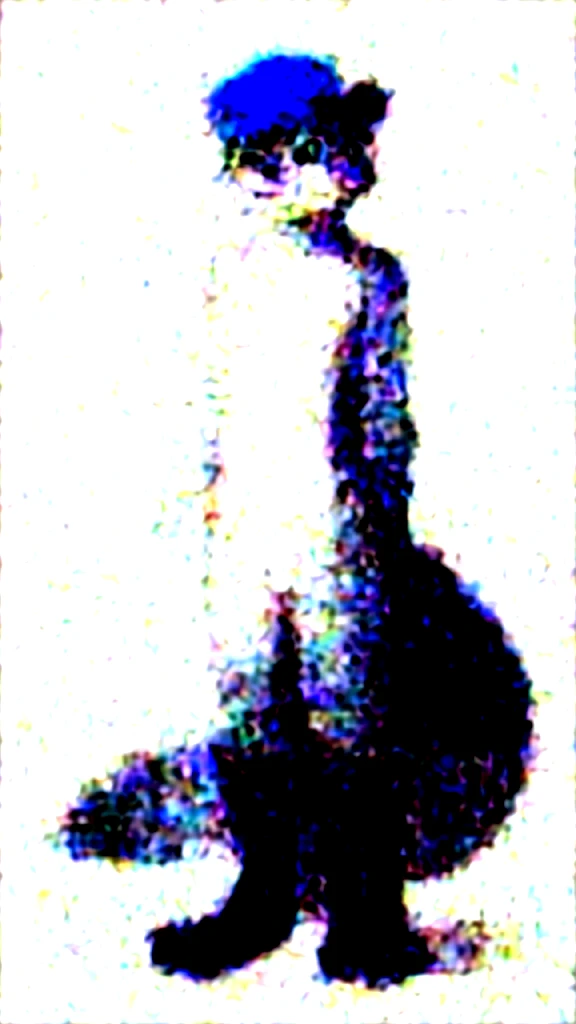 Male raccoon, skinny, grey body, white breasts, blue mane, big fluffy tail, blue eyes, dark ends of arms and legs, Pache Riggs style