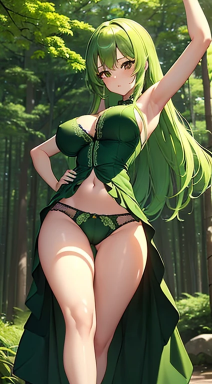 (((Stretch your legs and rotate your hips)))、((Shiny underwear)))、An elegant sleeveless green dress、Beautiful beauty、Beautiful yellow-green hair、((whole body))、(((Photo taken from below)))、in the forest、Large Breasts、Large Breastini skirt、The panties are green lace、Japanese、expensive、Long limbs、Hairstyle: Long Hair