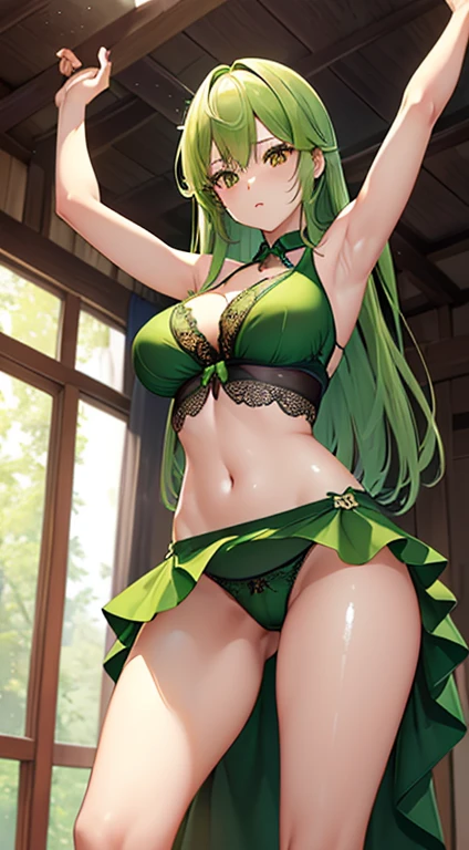 (((Stretch your legs and rotate your hips)))、((Shiny underwear)))、An elegant sleeveless green dress、Beautiful beauty、Beautiful yellow-green hair、((whole body))、(((Photo taken from below)))、in the forest、Large Breasts、Large Breastini skirt、The panties are green lace、Japanese、expensive、Long limbs、Hairstyle: Long Hair