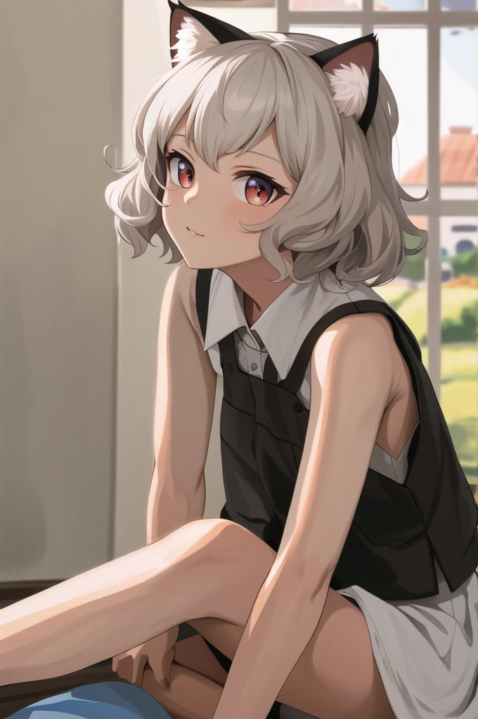 masterpiece, Highest quality, High resolution, Neferpitou 1, Cat ear, (Cat&#39;s Tail:0.8), alone, short hair, Red eyes, Hair between the eyes, :3, Curly Hair, Cat girl,sexy,side,Squat,training,Sweat,She spread her legs,Arms folded behind back