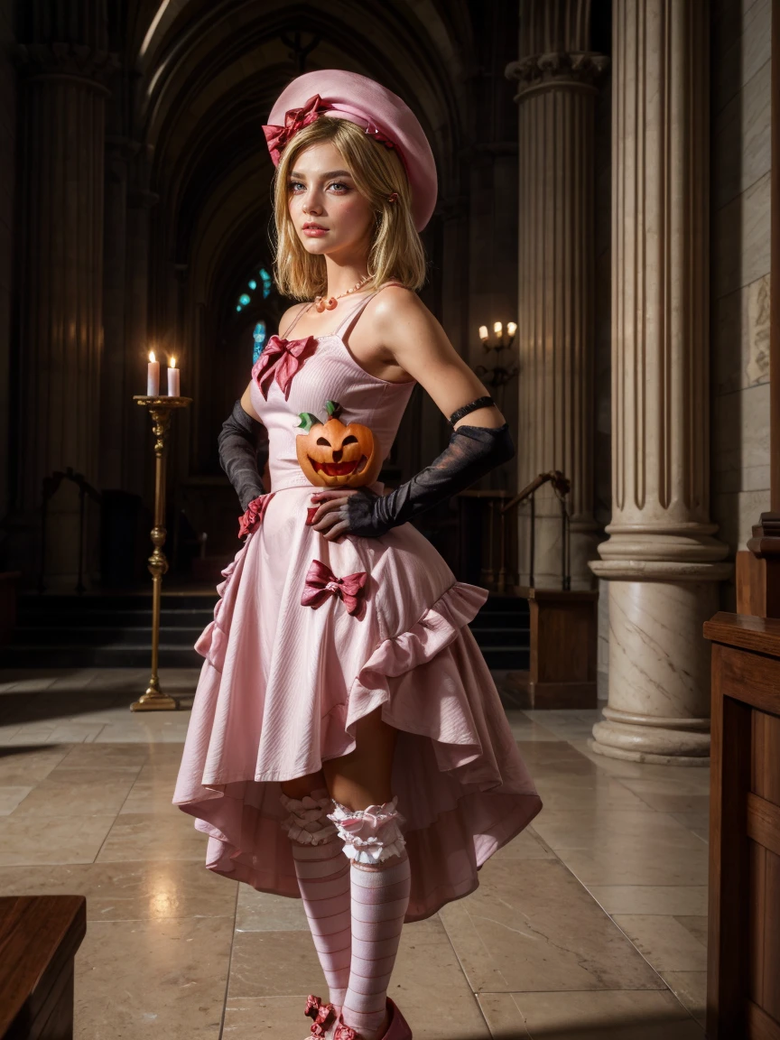 (1 lady), The beautiful, (Best quality at best:1.4), (ultra - detailed), (extremely detailed CG unified 16k), gold blonde hair, very detailed, High-definition RAW color photo, professional photoshooting, amazing face and eyes, cosmetics, (amazingly beautiful girl), ((lambdadelta, tall woman, taller)), (((holding crucifix with both hands))), ((dress, shoes bow, red shoes, striped stockings, red bow, pink hat, necklace, gloves, pearl, pumpkin brooch, pink dress)), standing, sexyposture,(Dark and stylish cathedral, stained glass, altar, before the altar, candle lights, candle lights:1.3), (look from down), realistic cinematic face, head to feet long wide zoomed out view, full body long view, photorealistic, ((realistic natural blonde hair style, honey eyes)), gorgeous, extremely beautiful face, perfect model beauty, pout mouth, flirting smile, cleavages, city girl, western, shopping in the city, (masterpiece), best quality, high resolution, extremely detailed, blurred background, depth of field, cinematic lighting, (amazing legs, strong legs, athletic legs), high heels, clear and well-cared skin