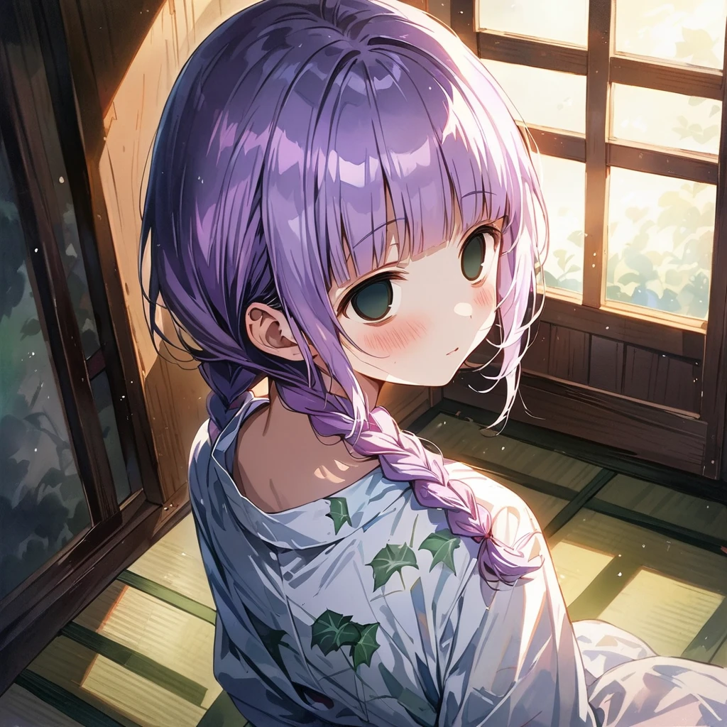 masterpiece, ultra detailed, 8K, full body shot,, a girl, kawaii, light atmosphere, (Cute a girl:1.5), (one girl with pale purple hair, wavy two braids, blunt bangs hair, green and black eyes, empty eyes, yandere :1.4), anime visual, (tilt head:1.3), extremely delicate face, realistic lighting and shading, (an extremely delicate and beautiful art:1.3),Watercolor painting, blush,
back view, Wearing a white yukata Morning glory pattern, A tatami room, Sitting upright with a blank look on his face,