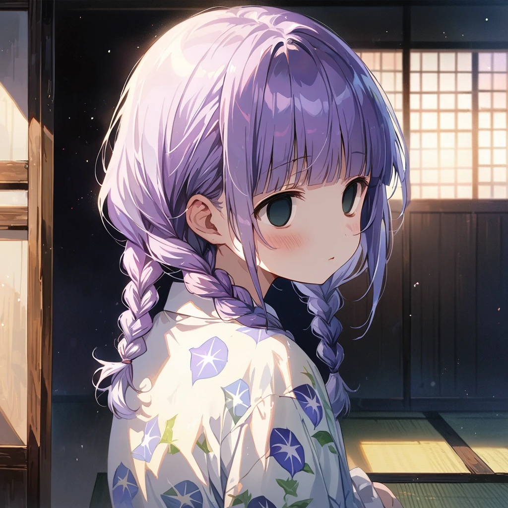masterpiece, ultra detailed, 8K, full body shot,, a girl, kawaii, light atmosphere, (Cute a girl:1.5), (one girl with pale purple hair, wavy two braids, blunt bangs hair, green and black eyes, empty eyes, yandere :1.4), anime visual, (tilt head:1.3), extremely delicate face, realistic lighting and shading, (an extremely delicate and beautiful art:1.3),Watercolor painting, blush,
back view, Wearing a white yukata Morning glory pattern, A tatami room, Sitting upright with a blank look on his face,