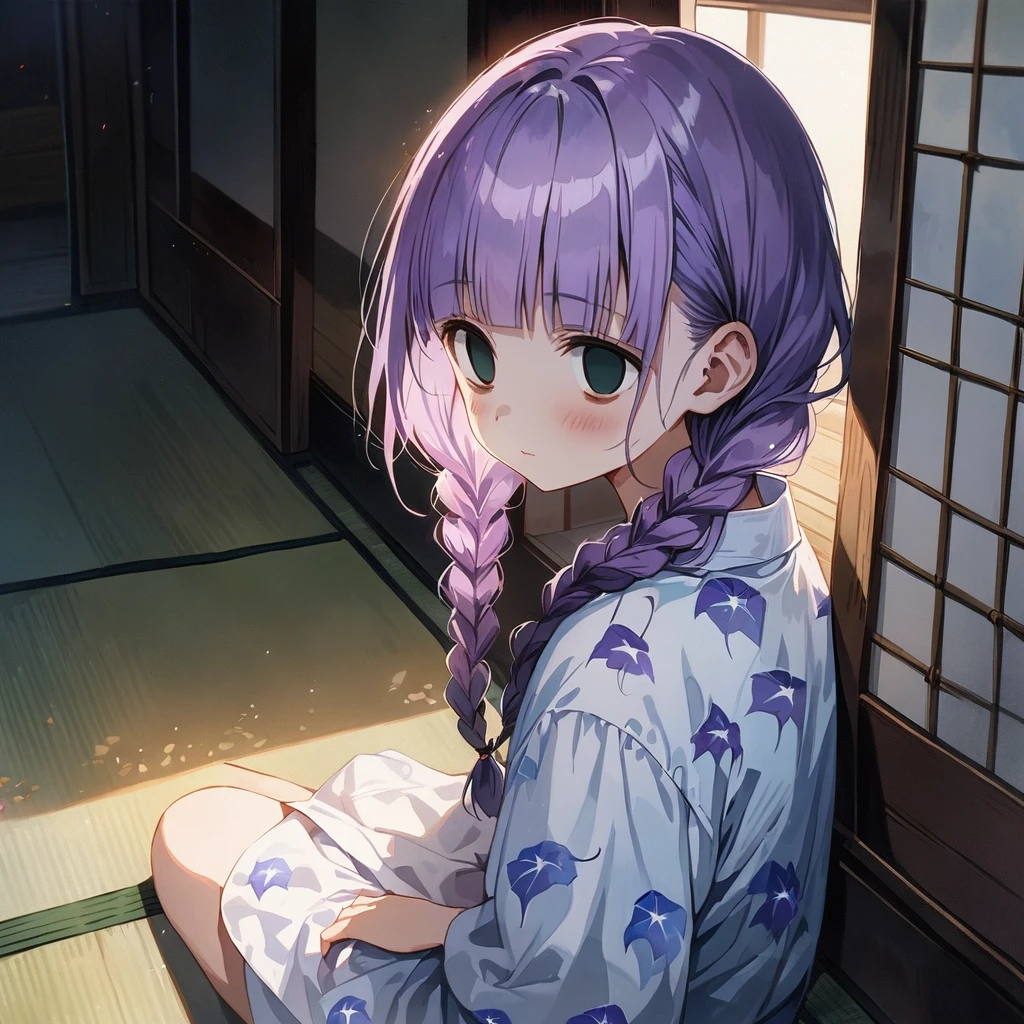 masterpiece, ultra detailed, 8K, full body shot,, a girl, kawaii, light atmosphere, (Cute a girl:1.5), (one girl with pale purple hair, wavy two braids, blunt bangs hair, green and black eyes, empty eyes, yandere :1.4), anime visual, (tilt head:1.3), extremely delicate face, realistic lighting and shading, (an extremely delicate and beautiful art:1.3),Watercolor painting, blush,
back view, Wearing a white yukata Morning glory pattern, A tatami room, Sitting upright with a blank look on his face,