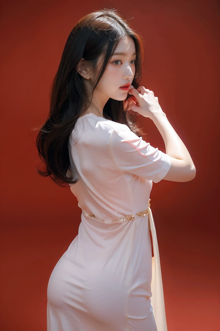 21yo girl, red background, beautiful dress