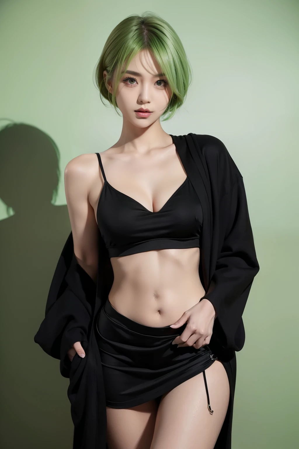 Cute girl, green skin, short green hair, hair tie, black clothes, medium body, full black robe, Big breasts, short skirt