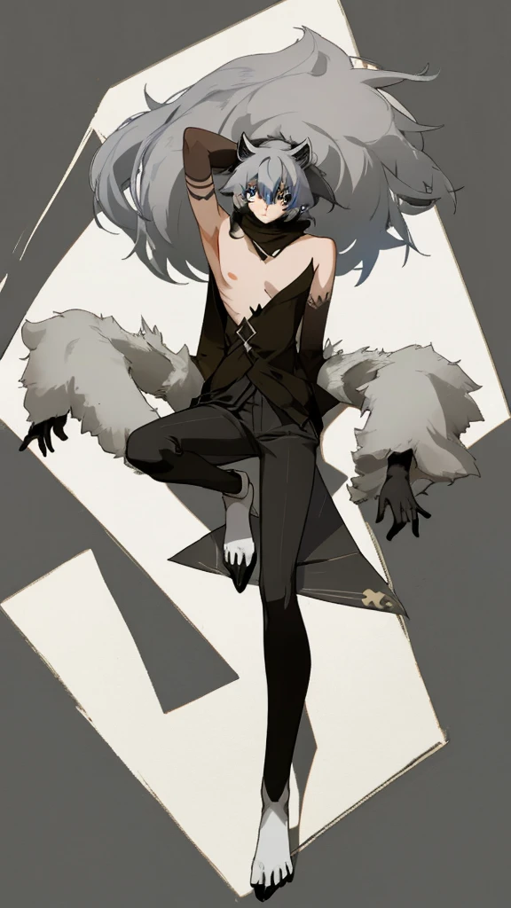 Male raccoon, skinny, grey body, white breasts, blue mane, big fluffy tail, blue eyes, dark ends of arms and legs,  Pache Riggs style
