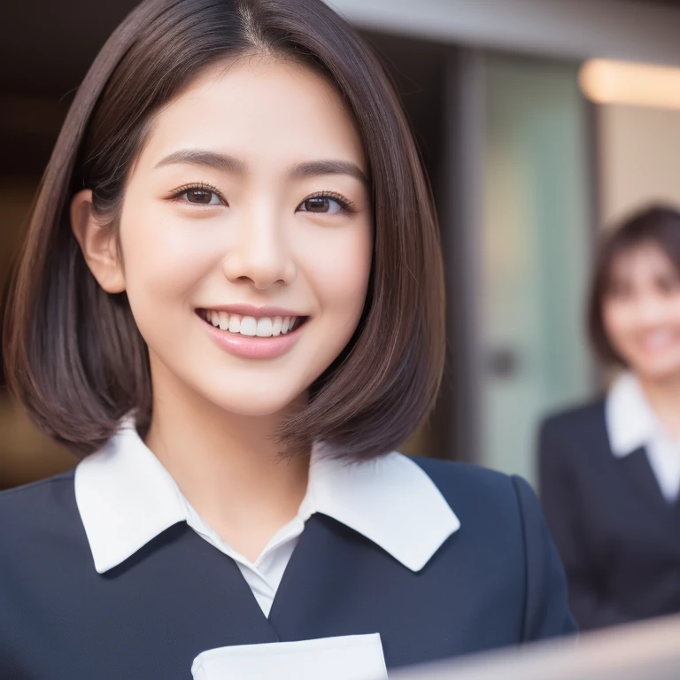 ((Highest quality)), ((masterpiece)), (detailed), One person(Highest quality, 8K, 32k, masterpiece, Ultra-high resolution:1.2),Beautiful Japanese Women Photos、Group of 2、healthy、Glowing Skin, Shallow depth of field、Contrasting、Professional Model、looking forward to it、Overbyte、mouth half open、blush:2.5、Random hairstyles for short hair、Black Hair、Face close-up、Portraiture、Teeth are visible、Big Mouth、Droopy eyes、Round face、Multiple moles、Fair skin、Active 24 year old、Brown eyes、Big smile、banker、Wear a bank uniform、reception