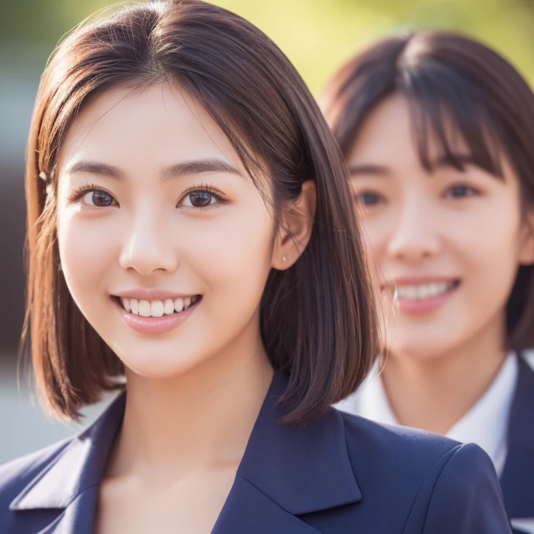 ((Highest quality)), ((masterpiece)), (detailed), One person(Highest quality, 8K, 32k, masterpiece, Ultra-high resolution:1.2),Beautiful Japanese Women Photos、Group of 2、healthy、Glowing Skin, Shallow depth of field、Contrasting、Professional Model、looking forward to it、Overbyte、mouth half open、blush:2.5、Random hairstyles for short hair、Black Hair、Face close-up、Portraiture、Teeth are visible、Big Mouth、Droopy eyes、Round face、Multiple moles、Fair skin、Active 24 year old、Brown eyes、Big smile、banker、Wear a bank uniform、reception