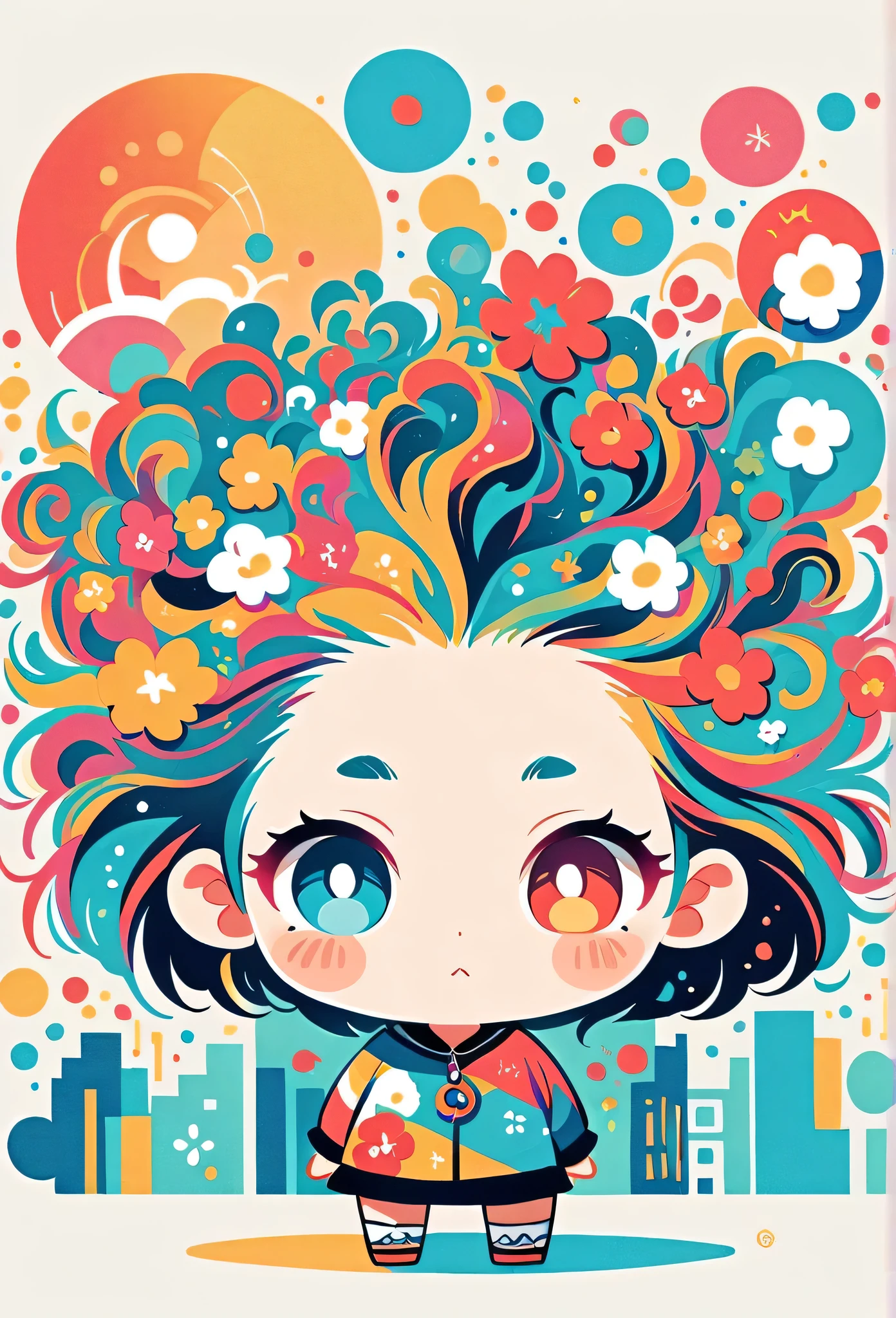 Takashi Murakami style, Standing in front of a high wall,Simple Line Initialism,Abstract art,Urban Background, (((The most beautiful girl))), (((chibi))), colorful flowers