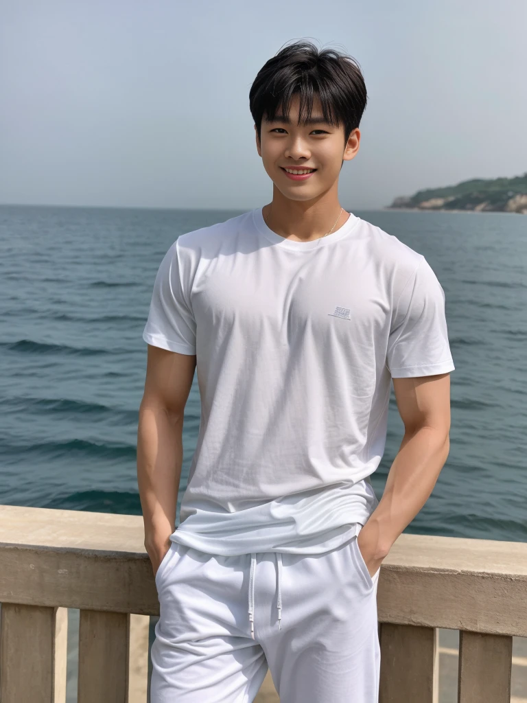 独奏: 1.5, (As a matter of fact, Masterpiece, 8k HD, good light quality, sportswear, fit the face, complicated details), A handsome Korean young man with muscular arms. , 20 years old, be happy, smile brightly, detailed face, delicate eyes, look at the sky, Wear a tight white t-shirt.:1.6, Long pants, period, black eyes, Black hair color, ผมsmooth, smooth, outdoor sports, By the sea, nighttime,Surreal,Awesome details,Highest quality,real,Open your mouth to talk. , Close your eyes.,standing in department store