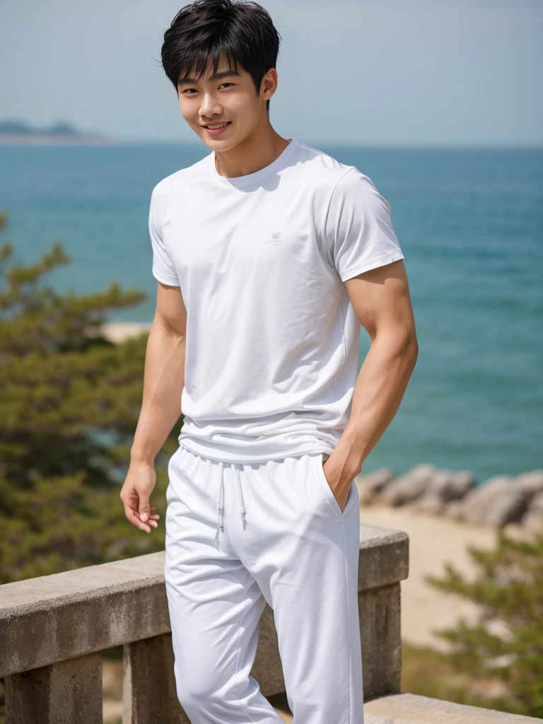 独奏: 1.5, (As a matter of fact, Masterpiece, 8k HD, good light quality, sportswear, fit the face, complicated details), A handsome Korean young man with muscular arms. , 20 years old, be happy, smile brightly, detailed face, delicate eyes, look at the sky, Wear a tight white t-shirt.:1.6, Long pants, period, black eyes, Black hair color, ผมsmooth, smooth, outdoor sports, By the sea, nighttime，Surreal，Awesome details，Highest quality，real，Open your mouth to talk. , Close your eyes.,standing in department store