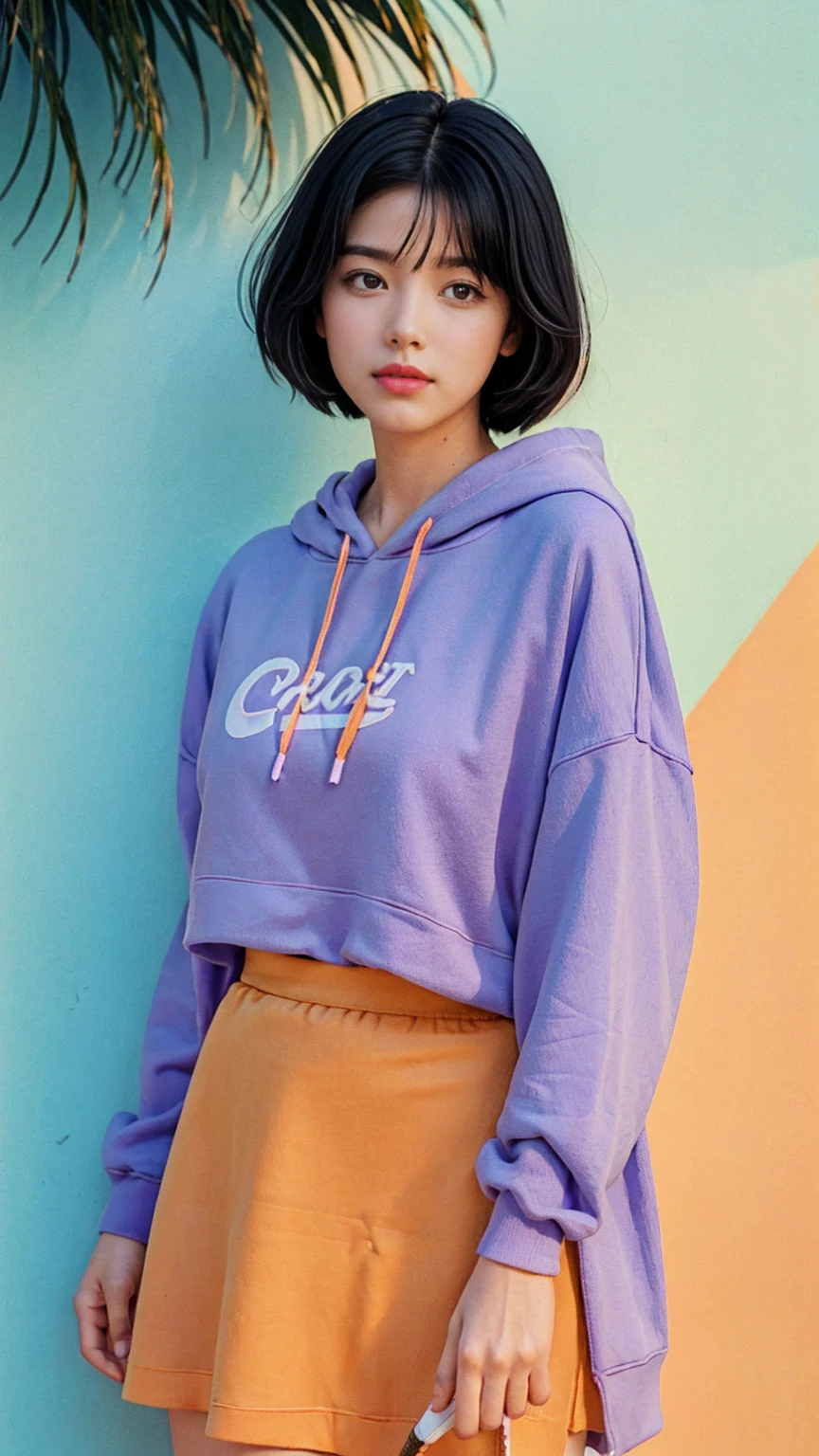 35mm Vintage photo of long shot portrait of cute 23 yo girl ,(perfect natural ),wear ((orange color oversized hoodie)), wear ((purple tennis skirt)),looking viewer,Best Quality,Masterpiece,Ultra High Resolution,(Realisticity:1.4),Original Photo, 1Girl, light leak,ultra high resolution,UHD,beautiful, (black bob hair), almond eye, no makeup, in front of ((A retro ice cream shop with pastel-colored walls)), (realistic:1.2), (surreal:1.3), (very detailed:1.1), ((masterpiece)),summer, blue sky, palm trees,sunny, los angles vibes,film camera, 800mm lens,style of Philip Lorca diCorcia,beautiful face, (realistic face), (black hair, short hair:1.3), analogm photo, Kodachrome